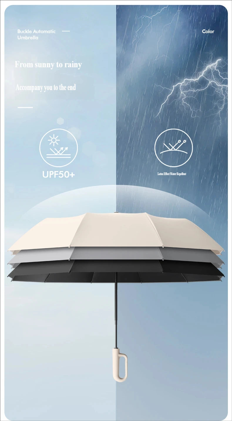 A beige and black automatic folding umbrella is shown open against a light blue sky with rain falling.