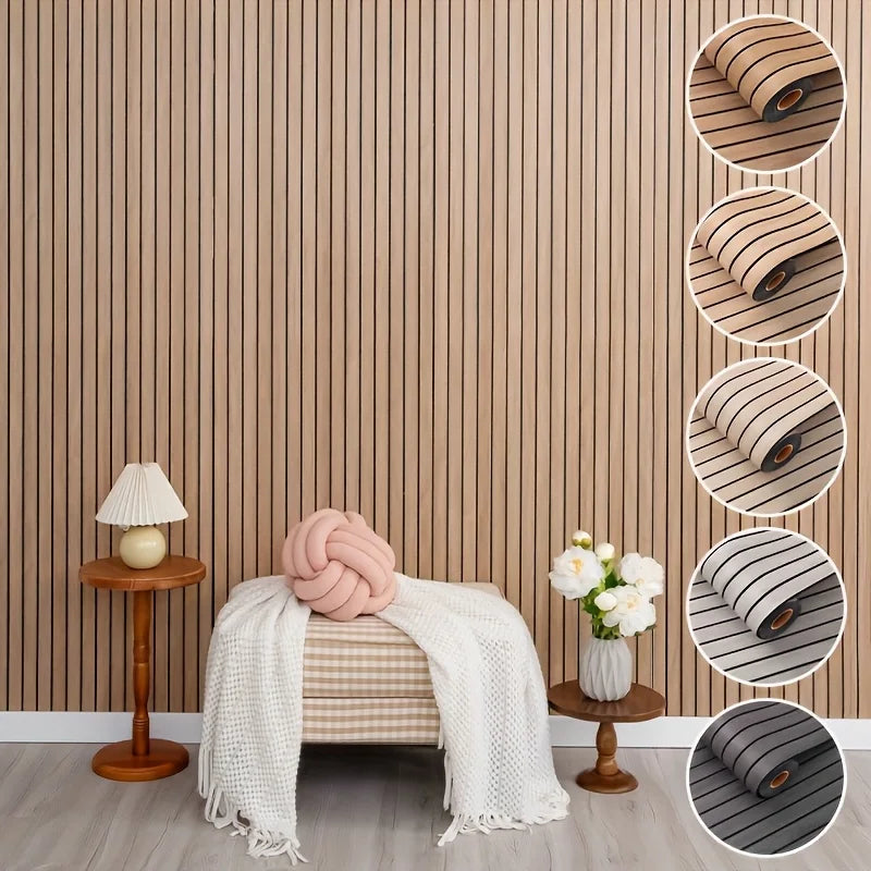 A display of wood grain peel-and-stick wall tiles in various shades of brown and gray on a beige wall.