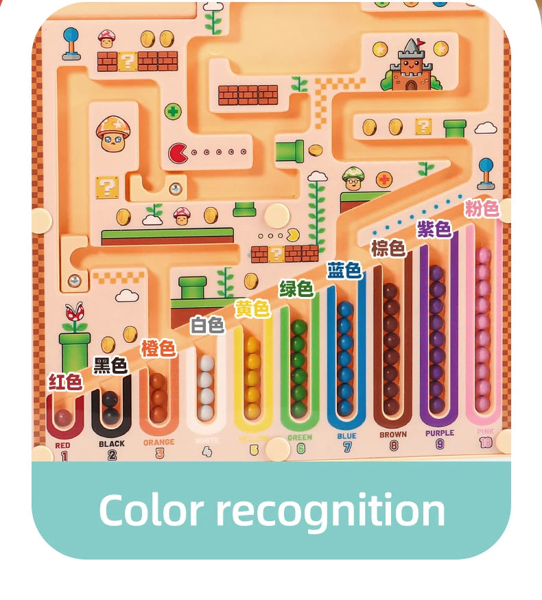A magnetic maze logic puzzle board featuring various colored blocks and pathways for color recognition.