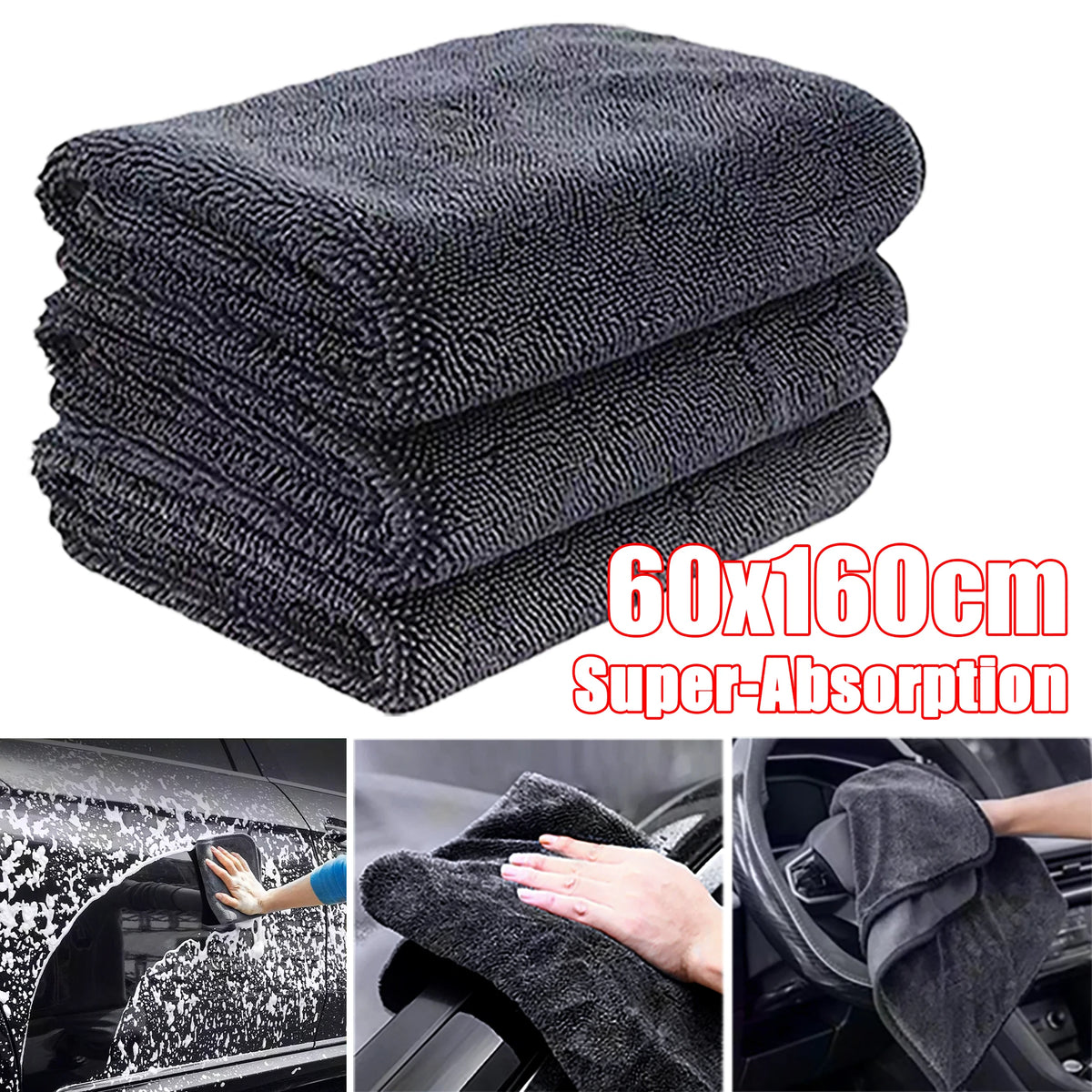 Stack of dark gray microfiber car drying towels demonstrating super-absorption for vehicle cleaning