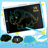 A digital drawing tablet showing a green dinosaur outline on a black screen with options for erasing and locking.