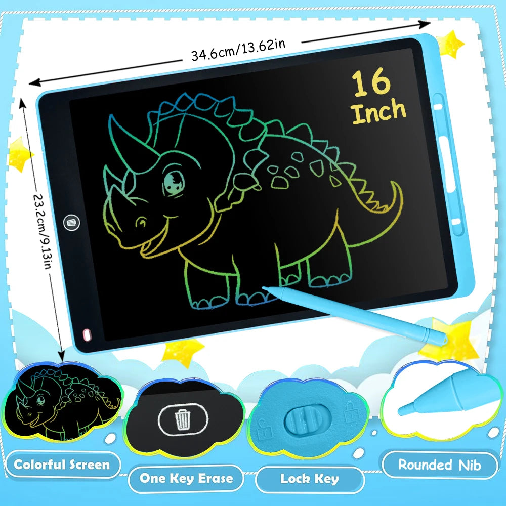 A digital drawing tablet showing a green dinosaur outline on a black screen with options for erasing and locking.