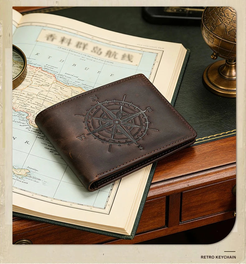 Men's Leather Wallet with Compass Pattern and RFID Protection