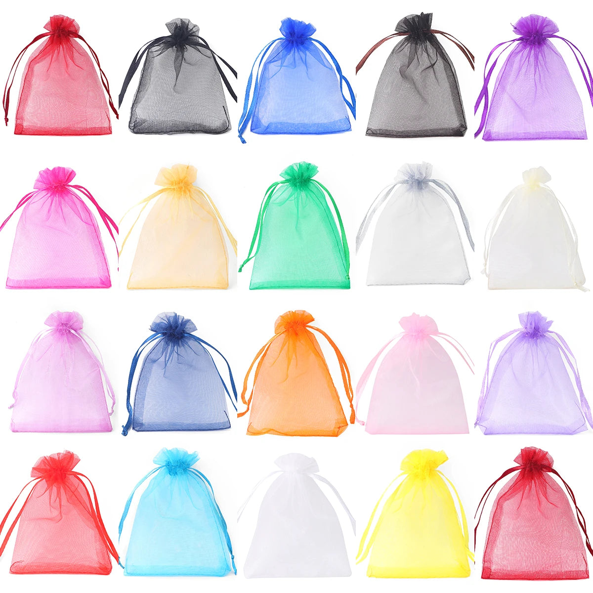 A collection of assorted organza drawstring gift bags in various colors including pink, purple, blue, green, white, and orang