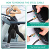 Instructions showing how to remove a steel cable from a portable safe lock box by pushing buttons to pull the left or right s