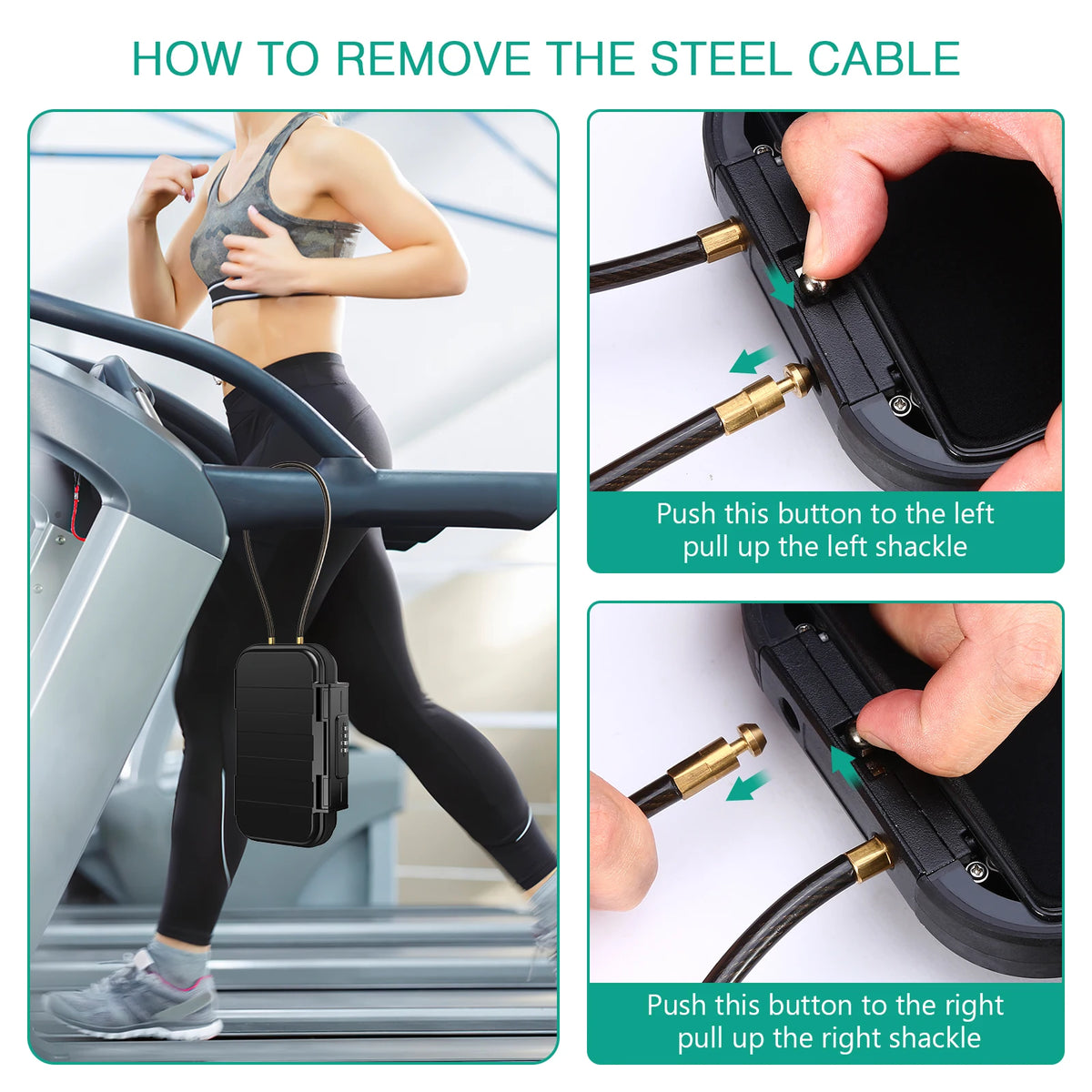 Instructions showing how to remove a steel cable from a portable safe lock box by pushing buttons to pull the left or right s
