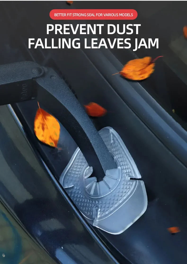 A close-up of a silicone windshield wiper arm hole cover preventing dust and leaves from jamming.