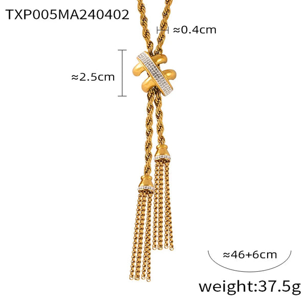 Gold twisted chain jewelry set featuring a pendant with crystal accents and dangling chains