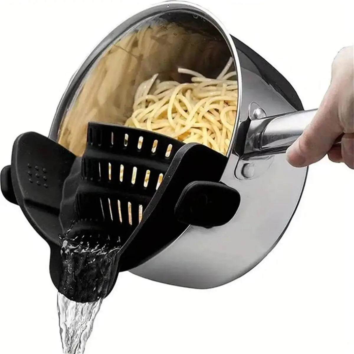 A hand pours liquid from an adjustable clip-on pot strainer into a container, showing the strainer's mesh design.