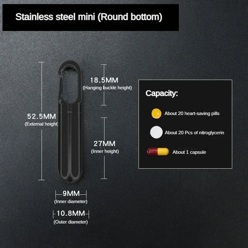 Stainless steel mini pill capsule with a round bottom, showing dimensions and capacity details.