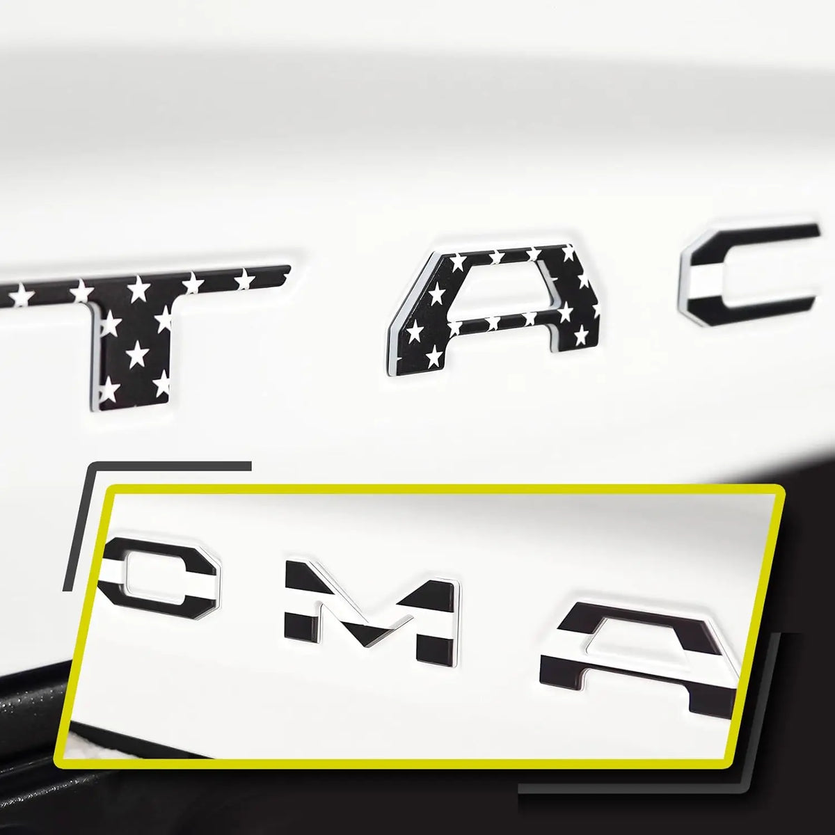 3D letter emblem for Toyota Tacoma tailgate featuring the letters TAC and OMA