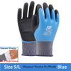 Blue summer version work gloves with anti-slip latex grip shown flat