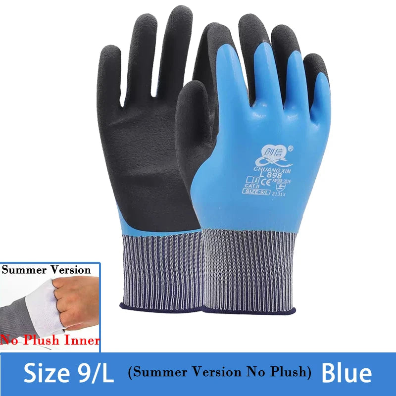Blue summer version work gloves with anti-slip latex grip shown flat