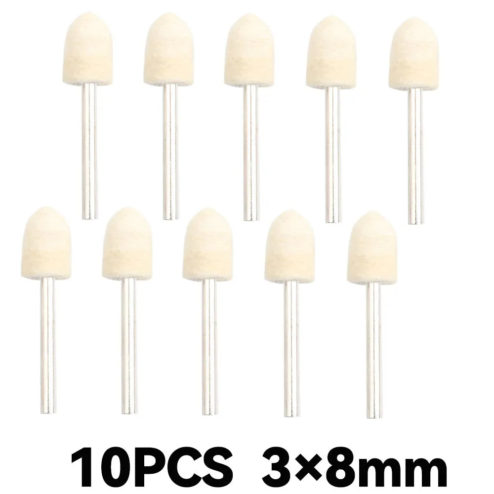 Ten pieces of light beige wool felt polishing wheels with 3mm shafts.