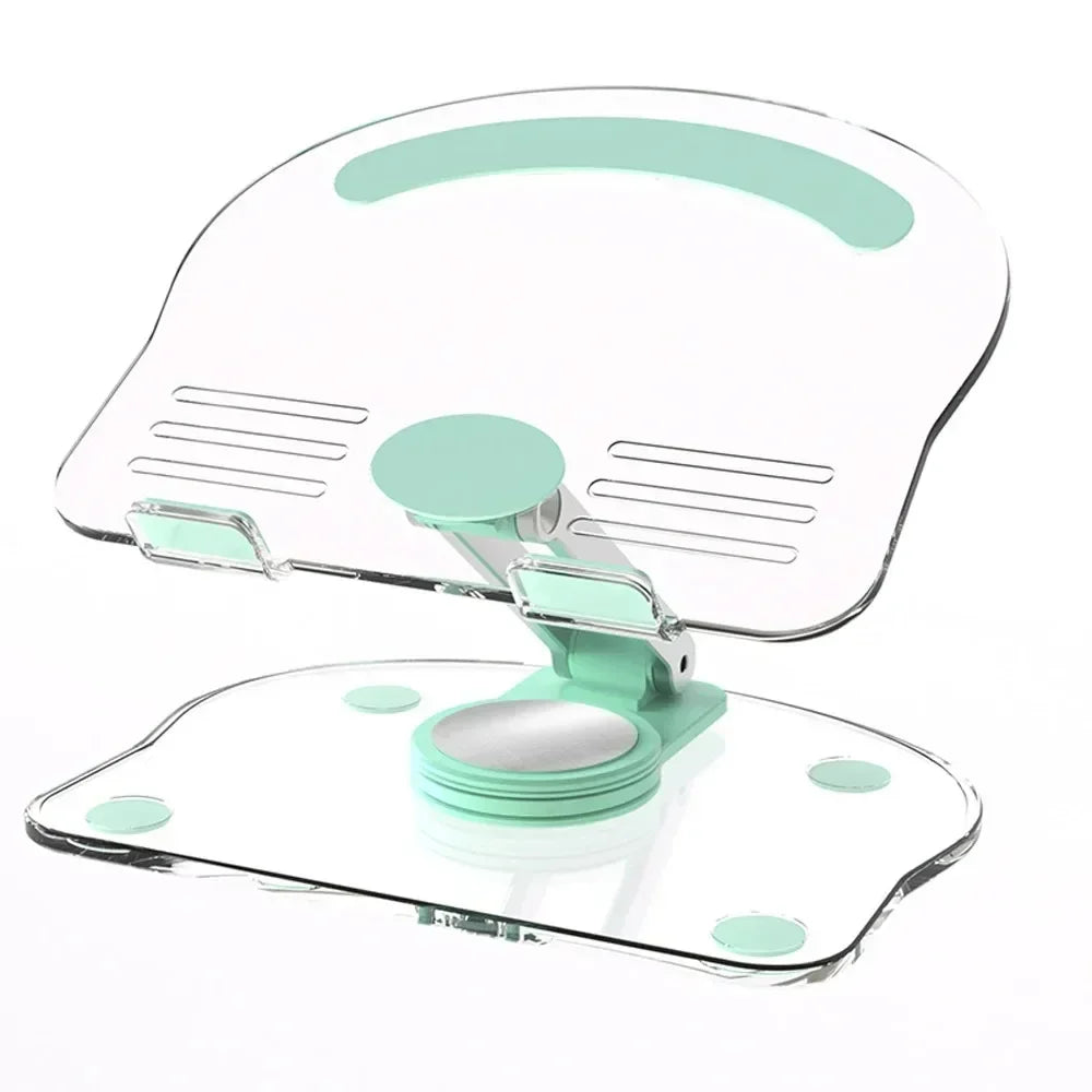 A clear acrylic tablet stand with a light green color, designed for rotating support of iPads and phones.