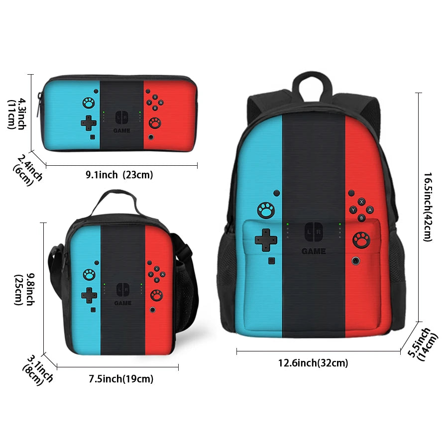 A set of three gaming console accessories including a backpack, lunch bag, and pencil case.