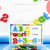 A set of magnetic letter paste and number tiles showing words like world, 1+1, 2, and a math equation.