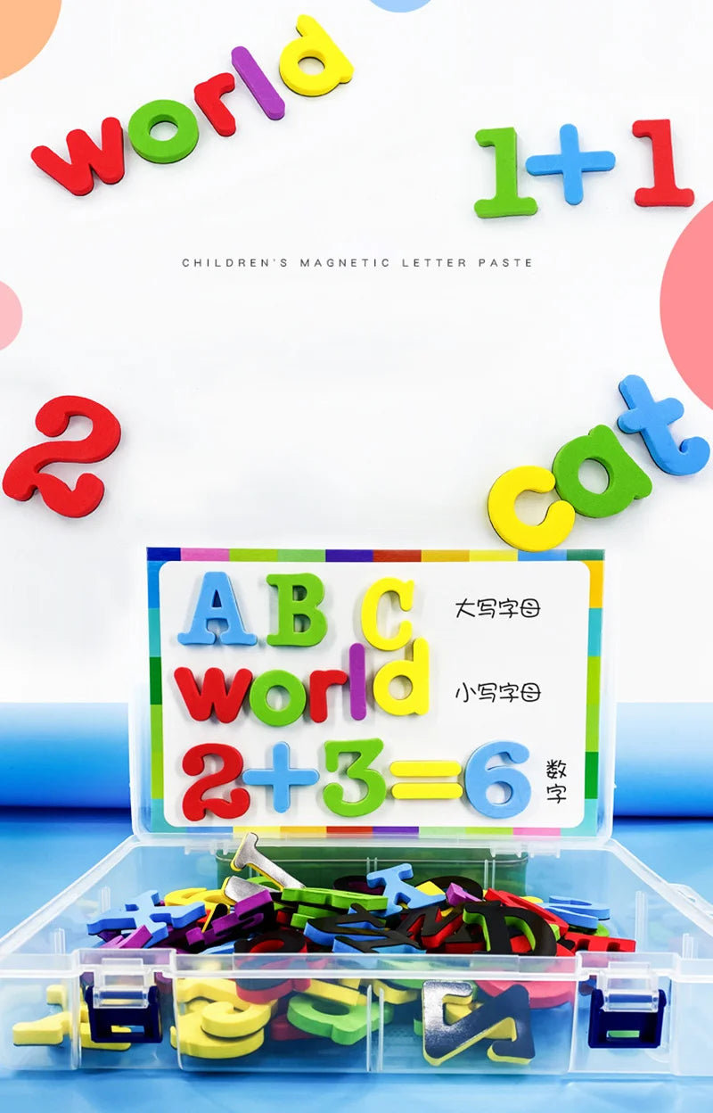 A set of magnetic letter paste and number tiles showing words like world, 1+1, 2, and a math equation.