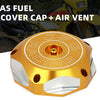 A brass-colored CNC aluminum motorcycle fuel tank cap with an air vent and a threaded fitting.