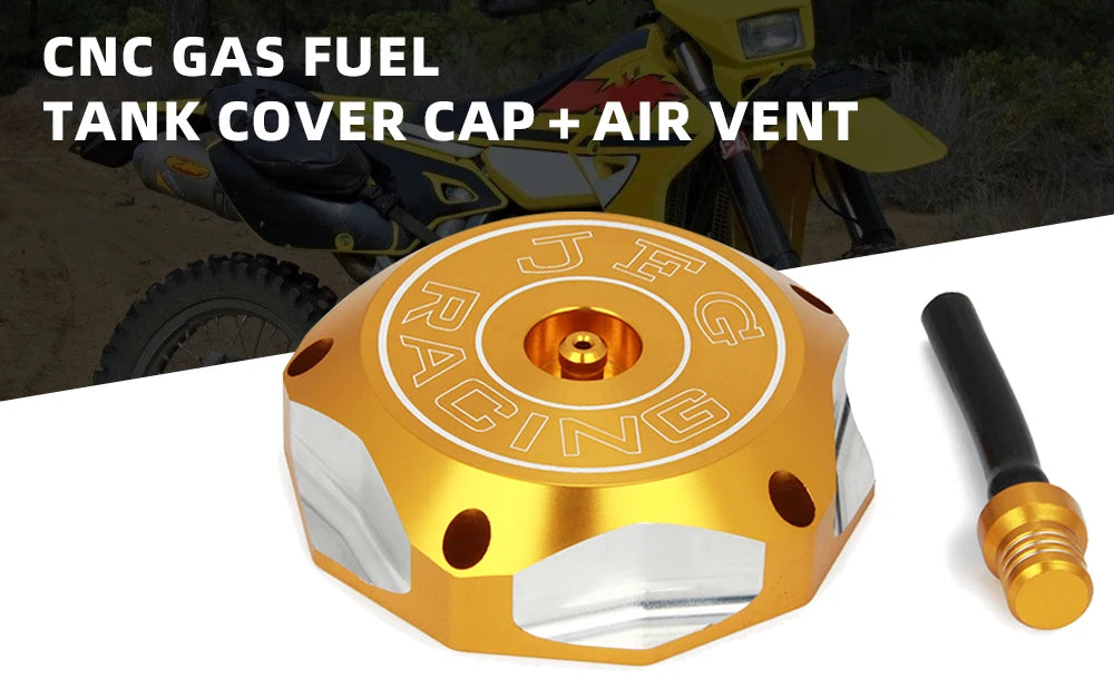 A brass-colored CNC aluminum motorcycle fuel tank cap with an air vent and a threaded fitting.