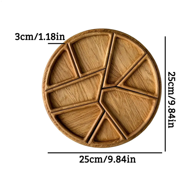 Round Wooden Serving Tray with 8 Removable Compartments