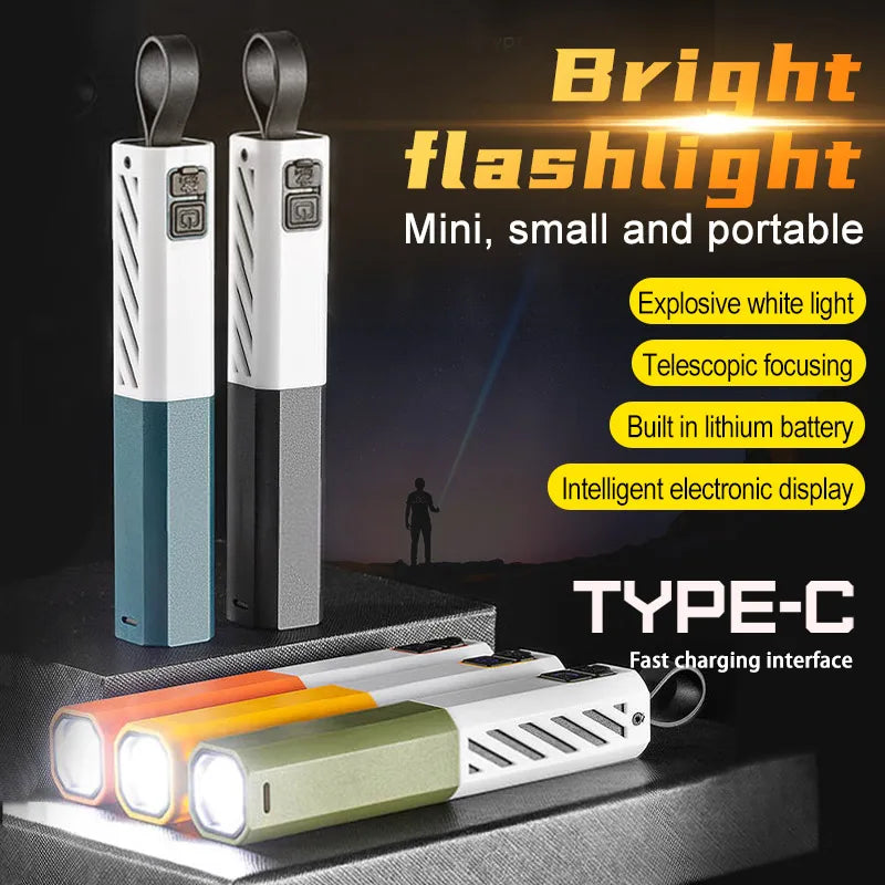A set of bright flashlight devices, including a vertical and a compact Type-C rechargeable model, are displayed on a dark sur