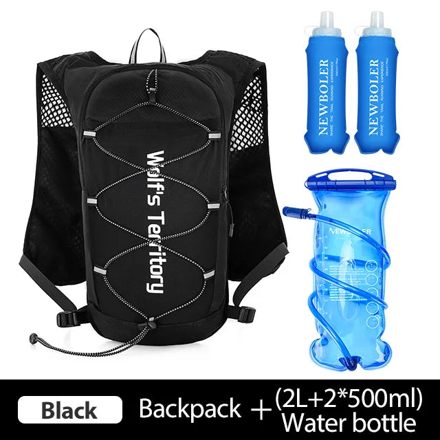 Black backpack and 2L water bottle set for lightweight running hydration.