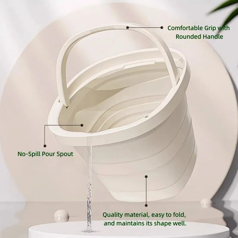 White collapsible bucket with a rounded handle and no-spill pour spout, made of quality material.
