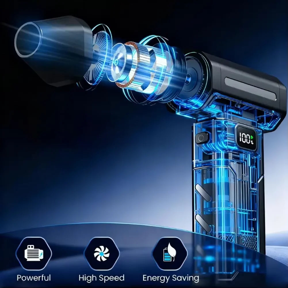 A close-up of a high-speed brushless DC air blower device with blue glowing components and a digital display.