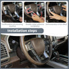 Installation steps showing the double-sided adhesive installation of a carbon fiber grain center console trim cover for a For