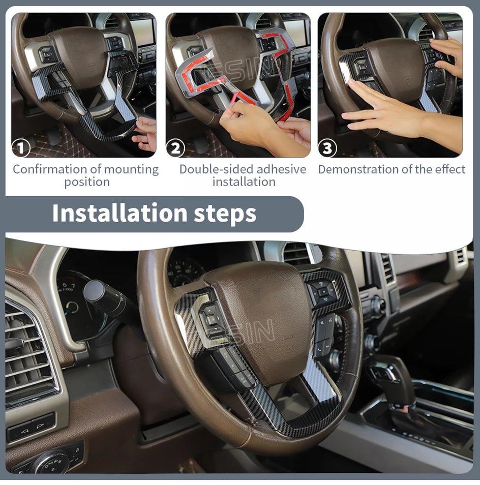 Installation steps showing the double-sided adhesive installation of a carbon fiber grain center console trim cover for a For