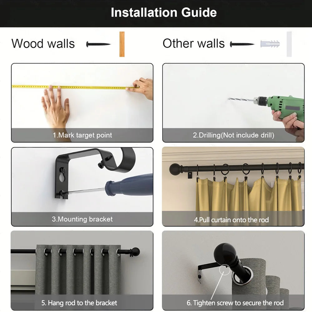 Installation guide showing steps for mounting a curtain rod and finials to walls.