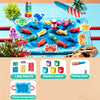 A colorful Montessori fabric fishing game set featuring various fish, accessories, and storage bags for toddlers.