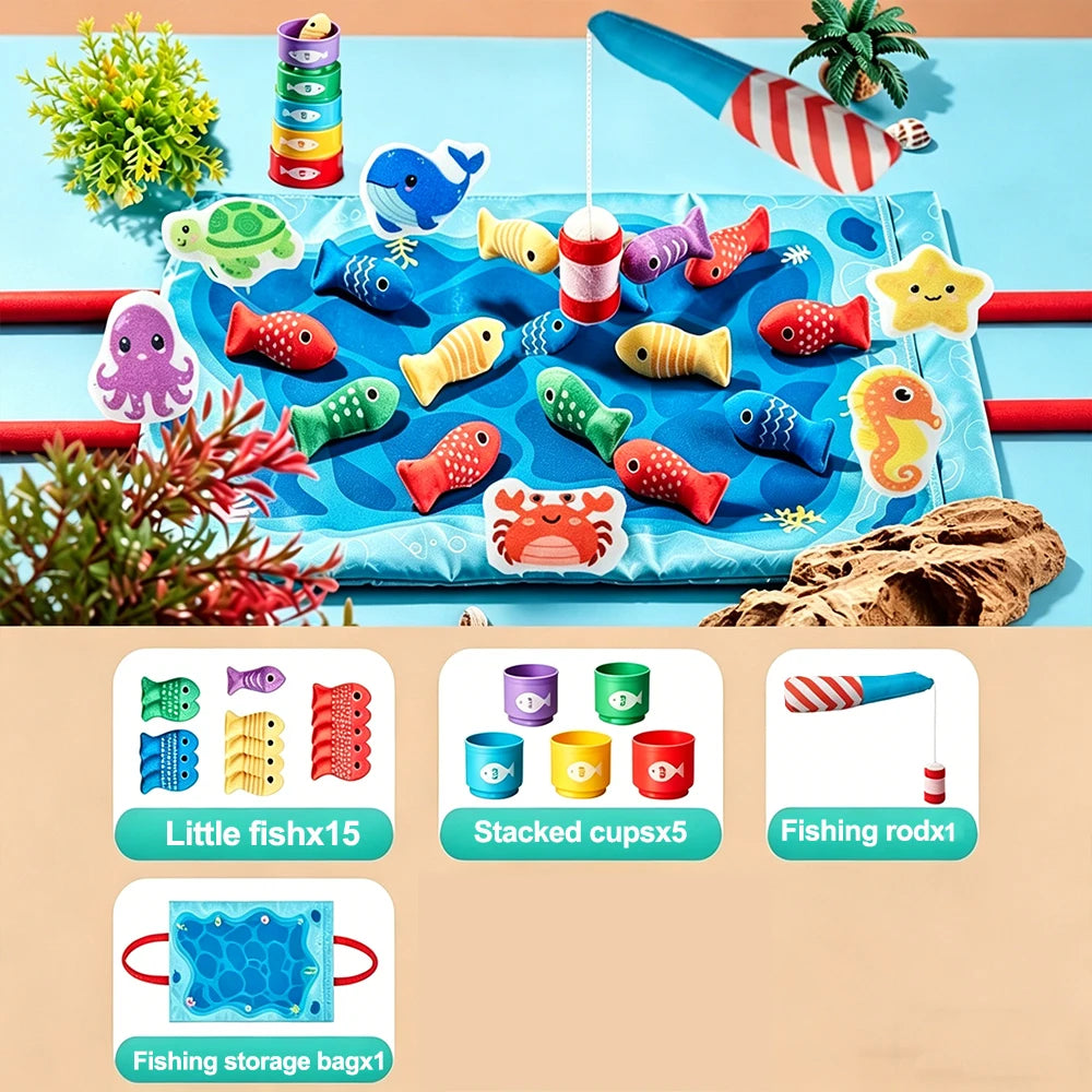 A colorful Montessori fabric fishing game set featuring various fish, accessories, and storage bags for toddlers.