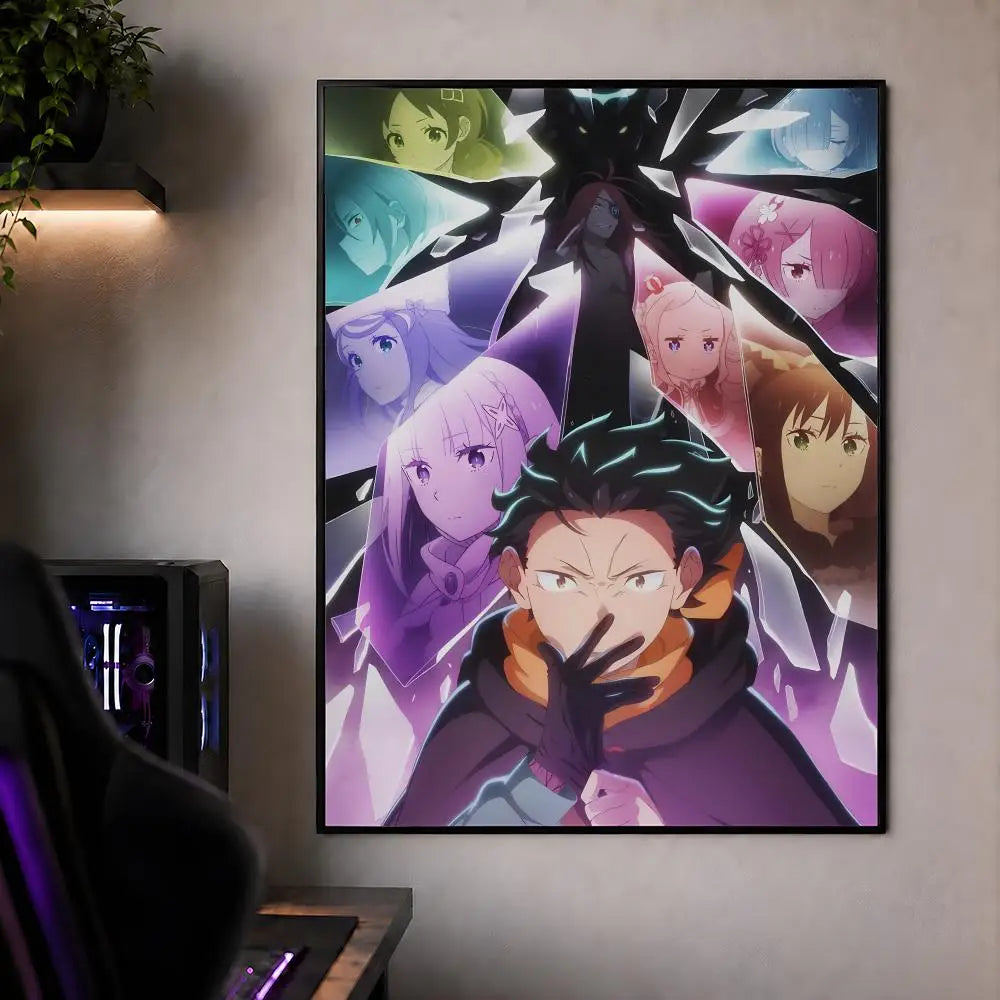A vertical poster featuring characters from Re:Zero in a dark, dramatic style with purple and green tones.