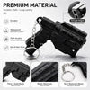 Black 3D printed mini pistol-shaped keychain set with a silver chain and various features highlighted.