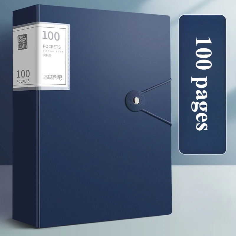 A dark blue A4 expanding file organizer with a clear pocket divider display book and a magnetic closure.