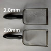 Two stainless steel cat litter scoops are shown, one measuring 3.8mm and the other 2.0mm.