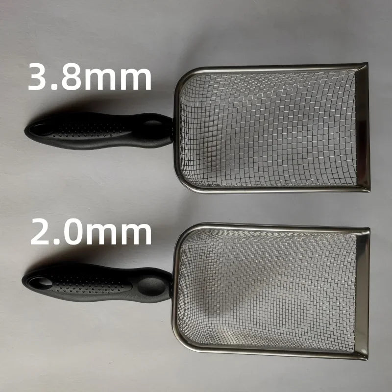 Two stainless steel cat litter scoops are shown, one measuring 3.8mm and the other 2.0mm.