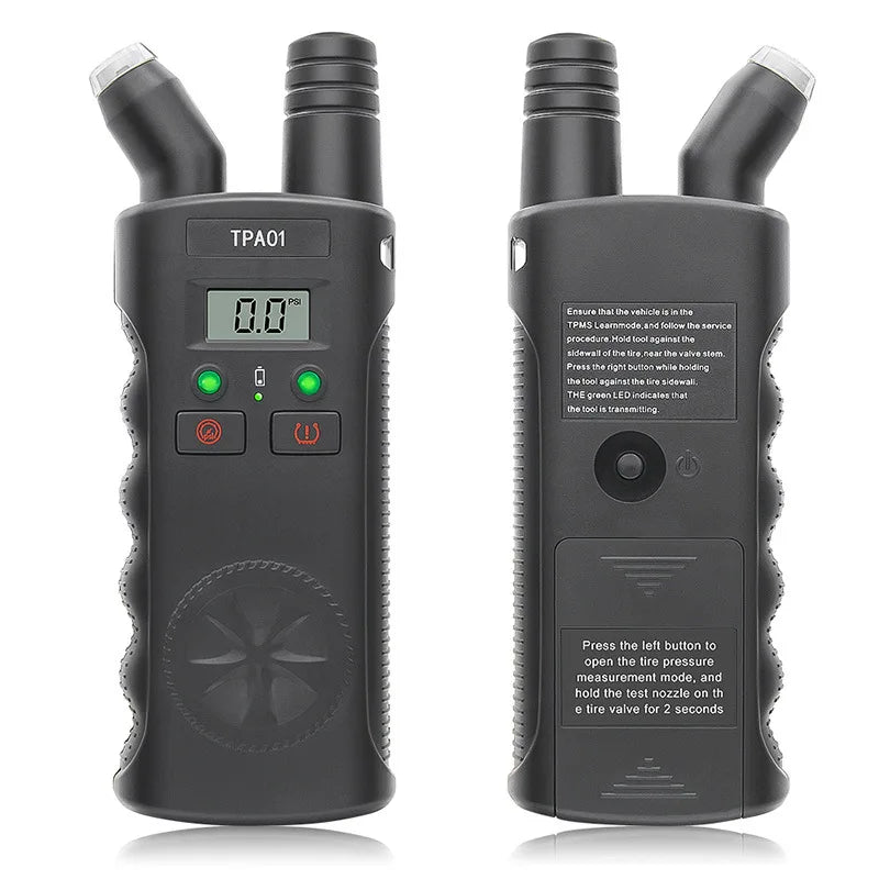 A black TPMS relearn tool with a digital tire pressure gauge is shown from the front and side views.