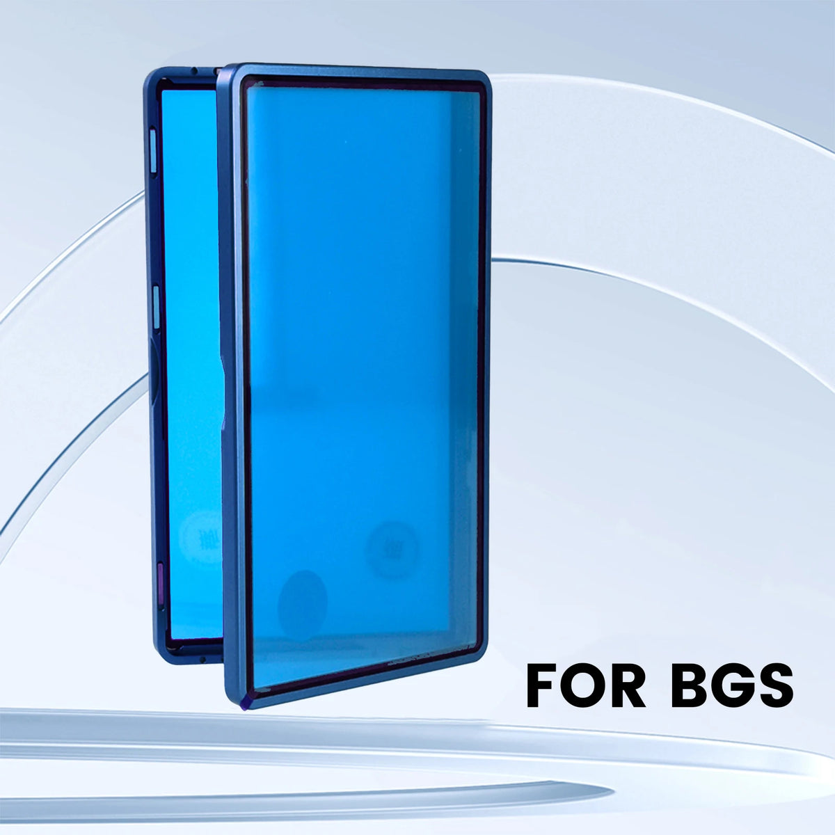 A bright blue protective display case for a trading card, shown open against a white background.