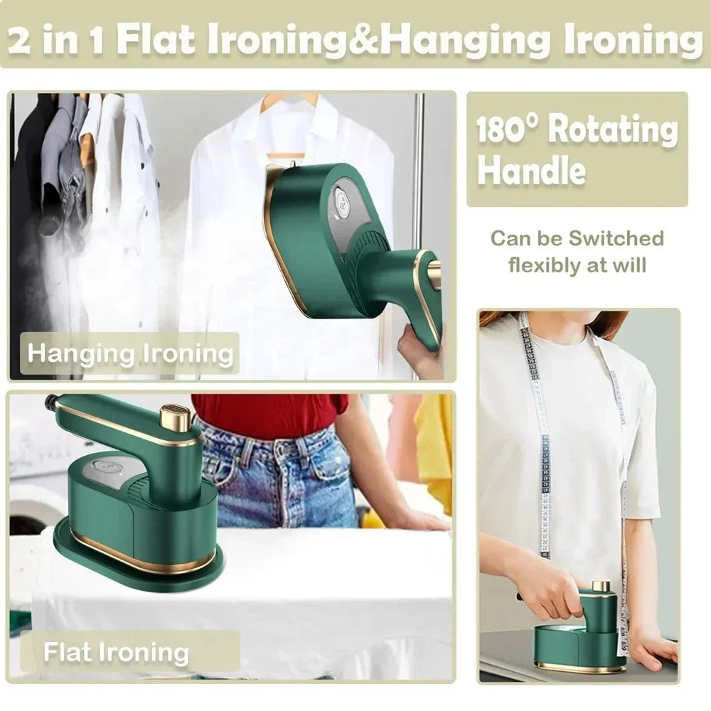 A green portable handheld garment steamer with a rotating handle is shown in use for ironing and hanging clothes.