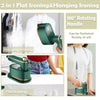 A green portable handheld garment steamer with a rotating handle is shown in use for ironing and hanging clothes.