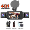 A 4-channel dash cam device with a camera mounted on a smartphone, along with accessories like a charger, video cable, and re