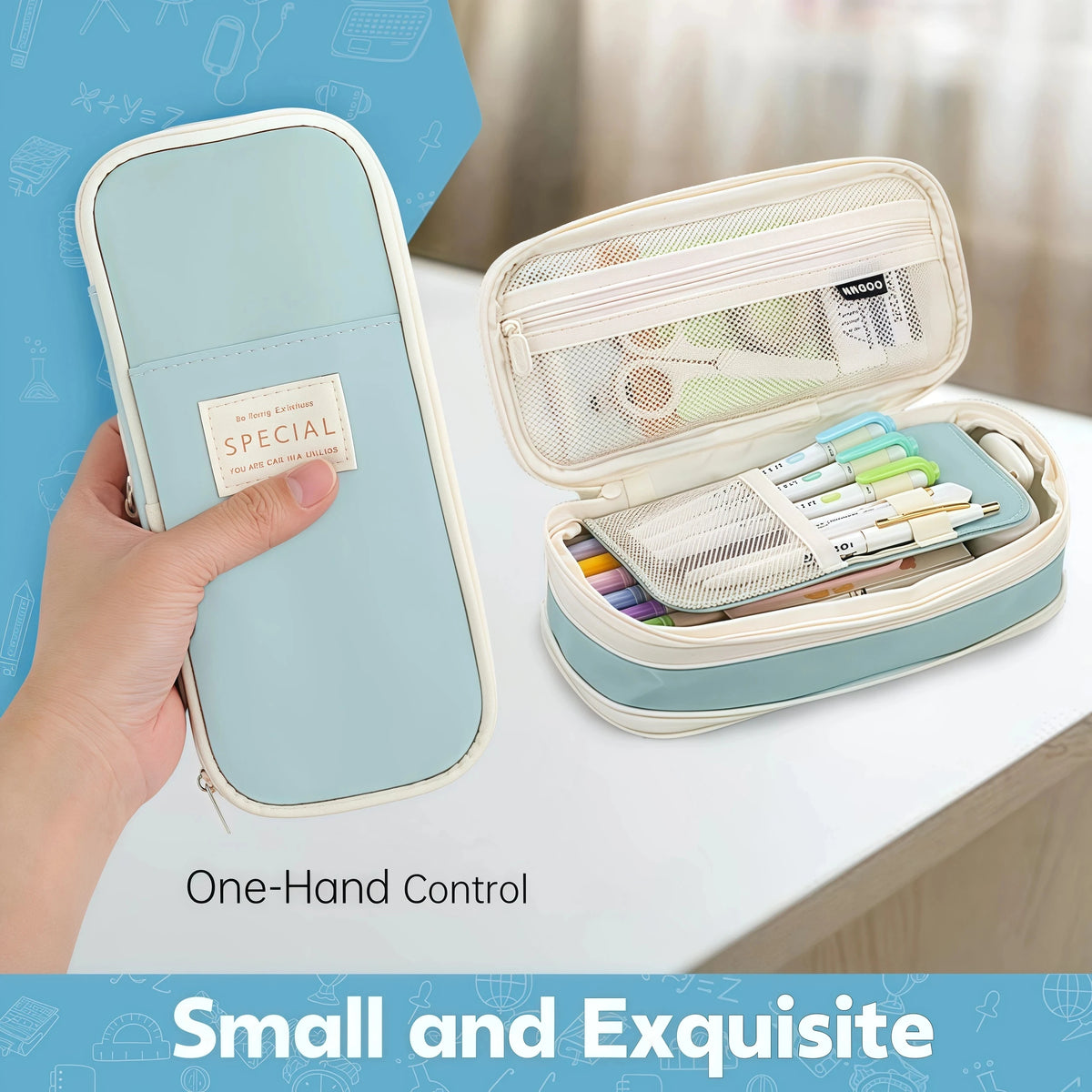 A hand holds a light blue fabric pencil case and an open matching pencil case with various writing tools inside.