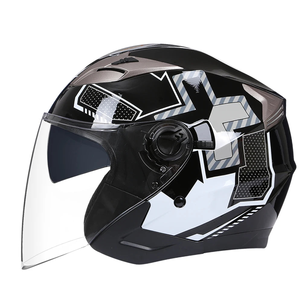 A black vintage open-face motorcycle helmet with a clear visor and silver and black graphic accents.
