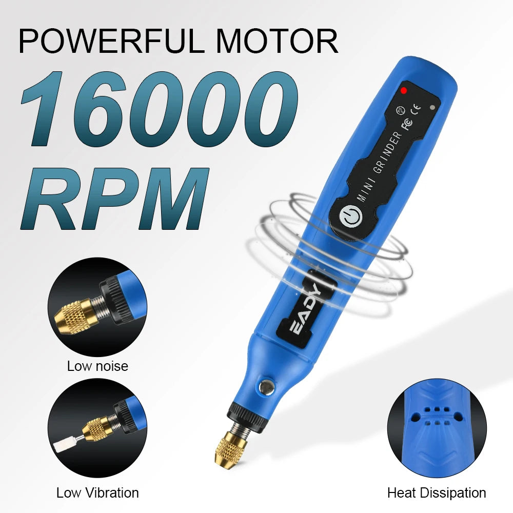 A blue cordless mini grinder tool with a gold tip, showing features like low noise, low vibration, and heat dissipation.