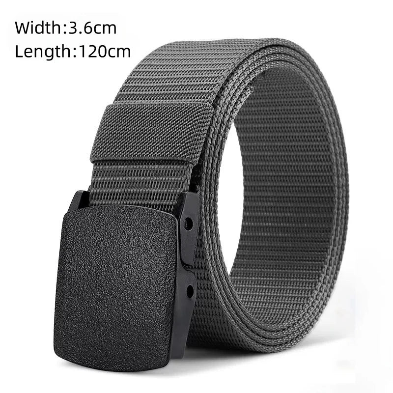 A black tactical nylon belt with a secure metal buckle shown flat.