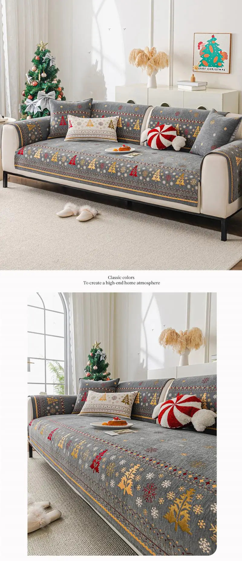 A gray chenille sofa cover decorated with Christmas tree patterns, red and white accents, and gold embroidery.