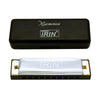 Black IRIN harmonica and its corresponding 10-hole 20-tone harmonica reed plate.